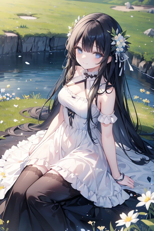 ((masterpiece, best quality, ultra-detailed, high resolution, extremely detailed CG, super detailed, Most beautiful clean lighting)), 1girl, child-like build, 14 years old, cute girl, flat chest, pretty face, smile, Beautiful black long hair, black eyes, Summer Sea, Seaside, bathing beach, navy blue School Designation swimsuit, 