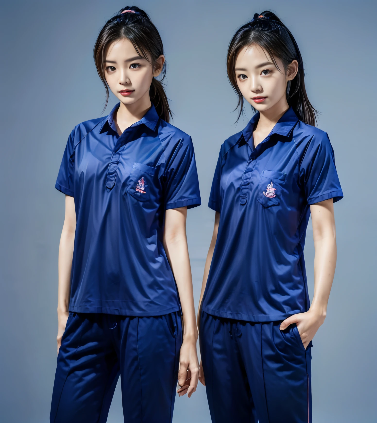 (best quality,10,10,height,Masterpiece:1.2),Special details,(realistic,ภาพrealistic,Realistic photos:1.37),1 Cute girl in the kitchen,shiny, ผิวshiny,only,smile softly,BDclothelue shirt:1.3)),short sleeve,shirt, กางเกงขาlong.,(navy_long_track pants:1.1), ((Kitchen Background)),Dynamic angle,excited,Face focus,dynamic poses,from behind,focus on ass,Masterpiece, best quality, ultra realistic, hyper detail, 8k resolution, raw photos, Sharp focus, ((Navy blue shirt:1.1)), short sleeve, เส้นทางlong, perfect body, 2 mature women, 18 years old, Cinema-grade lighting system,blue sweatpants,shirtผ้าออกกำลังกาย,correct anatomy,perfect body, correct body, Sharp face, correct bodyทางกายวิภาค, full body, realistic gestures, long-haired, realistic poses,Wear long shorts...........................,ช่วงขาlong,Good shape,carved girl, Slender figure, model, Good shape, beautiful body,blue sweatpants, two girls kissing