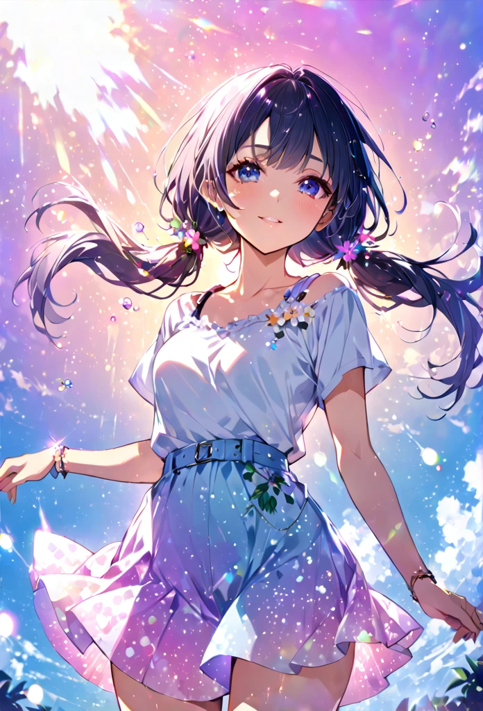 Highest quality　masterpiece　High resolution　masterpiece 灰色の目　Low twin tails、casual summer outfit　flowerpunk、Sparkling light particles、Vivid gradient effect