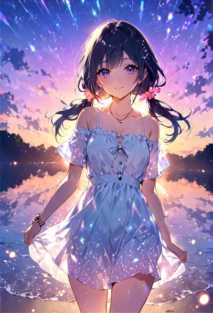 Highest quality　masterpiece　High resolution　masterpiece 灰色の目　Low twin tails、casual summer outfit　flowerpunk、Sparkling light particles、Vivid gradient effect