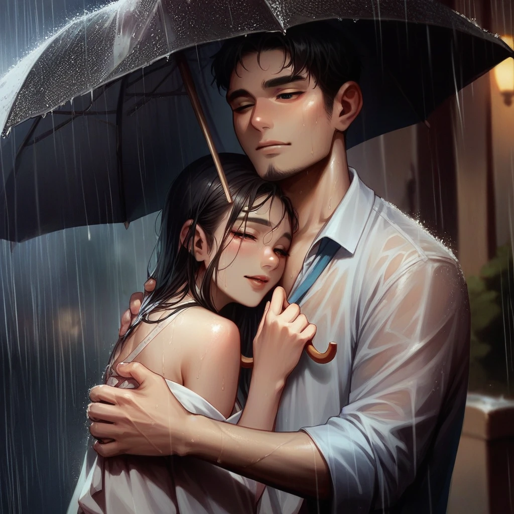 a pair of Asian lovers who were caught in the rain, The handsome man held up an umbrella to shade the beautiful and cute woman. The woman was hugging the man's body while closing her eyes and smiling sweetly, The rain around her was very heavy and some of the woman's clothes were wet. Photography, ultra realistic, 45K HD,