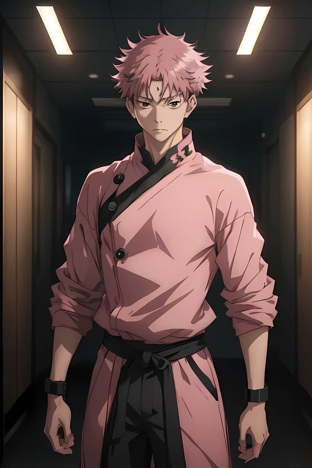 a 15 year old boy, 180cm tall, 62kg, pink hair with black streaks, pale skin, black eyes, jujutsu uniform from the anime jujutsu kaisen, full body shot, hyper realistic, 8k, masterpiece, cinematic lighting, dramatic pose, highly detailed, photorealistic