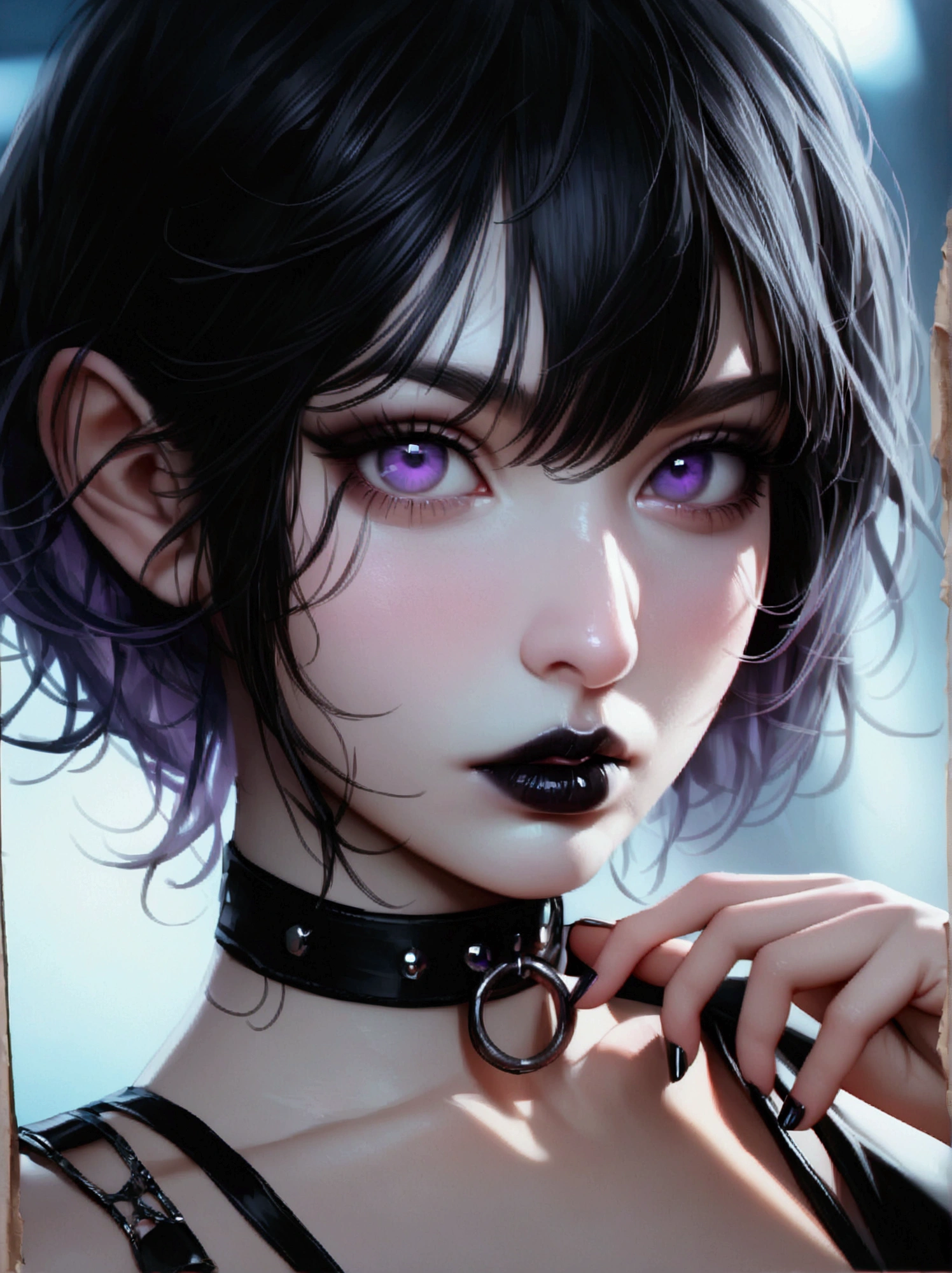 masterpiece,(best quality,top quality,8k),realistic,detailed eyes and face,(1girl), purple eyes, black hair, messy hair, short hair, hair between eyes, pixie cut, goth, gothic, choker, black lips, (black dress:1.2), pretty girl, beauty skin, ultra high res, raw photo , detailed body ,(puffy eyes) ,good contrast , high sharpness,(gorgeous),realistic,RAW Photography,(hyperdetailed:1.2)