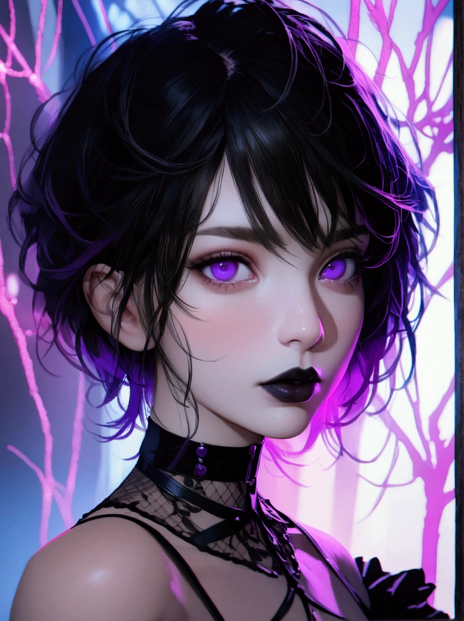 masterpiece,(best quality,top quality,8k),realistic,detailed eyes and face,(1girl), purple eyes, black hair, messy hair, short hair, hair between eyes, pixie cut, goth, gothic, choker, black lips, (black dress:1.2), pretty girl, beauty skin, ultra high res, raw photo , detailed body ,(puffy eyes) ,good contrast , high sharpness,(gorgeous),realistic,RAW Photography,(hyperdetailed:1.2)