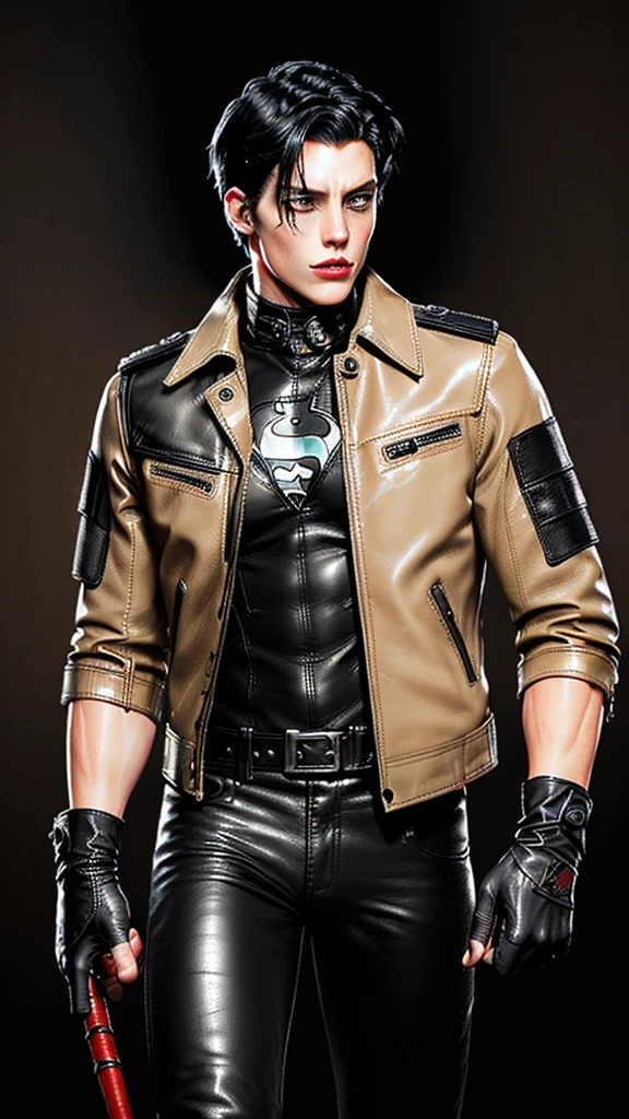 ((American comic hero)),,((jason todd)),((young cute and cool ikemen  boy)),((black hair)),((very cool guy)), ((face is no paint and no mask)),,his age is early 20s, thin eyebrows and beady eyes, ((he is wearing light beige color thick leather jacket)),((jacket is single-brest, and no hoods)),((leather jacket is long sleeve)),((jacket sleeve color is beige too)), ((jacket color is beige only,no other colors)),((inner wear is black shiny color and very thick high collar tactical combat vest)),((chest area on a red color bat illustration)), ((must put on tight dark gray color leather pants)),((put on black color and full finger leather glove on both hands)),,((black color middle length leather boots)),((Japanese style character)),((must put on a leather full finger  glove)),((full finger glove)),((cool atmosphere)),((dont show finger))