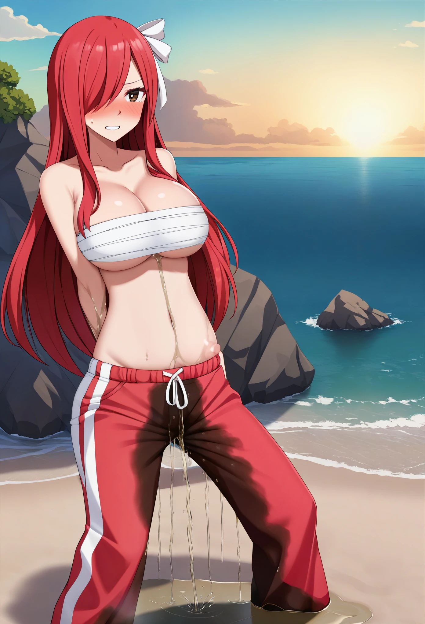 (high quality,Very detailed:1.37, High resolution), Woman, Erza, animerza, red hair, navel, flame pants, collarbone, bare shoulders, cleavage, hair over one eye, large breasts, long hair, bandages, chest sarashi, white ribbon, beach, looking at viewer, brown eyes, ponytail, masterpiece, best quality, (wetting herself:1.5), (embarrassed:1.5), (humiliation:1.5), (sweating:1.25), (blushing:1.5), standing