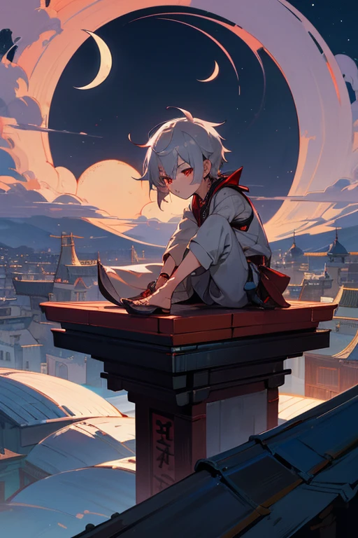 A boy around 7 years old with silver hair and red eyes, Shota, Cyborg, Shy face