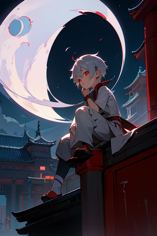 A boy around 7 years old with silver hair and red eyes, Shota, Cyborg, Shy face