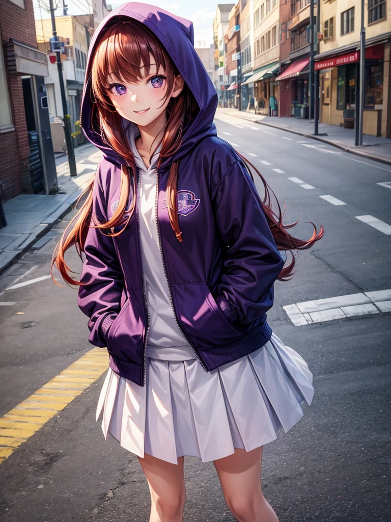 Best Quality，Young Girl， girl，Light novel，Elementary school girl，Beautiful girls，８K，Perfectly portrayed，Hands in pockets，Purple Eyes，Wearing a hood，Red Hair，smile，High quality，future fashion，Brown Hair，Coordination，Absurd，colorful，masterpiece，Long Hair，Zippered hoodie，Chuck&#39;s Hoodie，Sparkling，Horny girl，Long trousers，Naughty Girls，Angel，Perfect Face，strongest，tights，stylish，