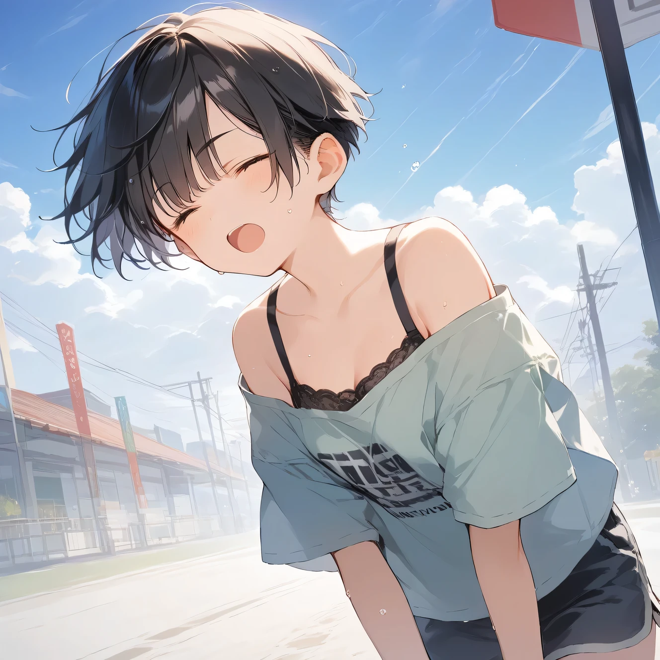 score_9, score_8_up, score_7_up, source_anime, best quality, masterpiece, official art, absurdres, highres, ultra-detailed,waifu2x,Collection: Serious Beauty,break,1girl, tomboy, very short hair, pixie cut, breasts,  beautiful detailed eyes, open mouth, (yawn:0.3), sleepily, , shorts, sweat, outdoors, rural, wind, break,(clear line illustration:1.2), super detailed skin,very high resolution, very aesthetic, Best sexual lighting powered by famous artist, 8k, beauty illustration,photoshop_(medium),,(Detailed Lighting),best anime 8k konachan wallpaper, pixiv contest winner, 
