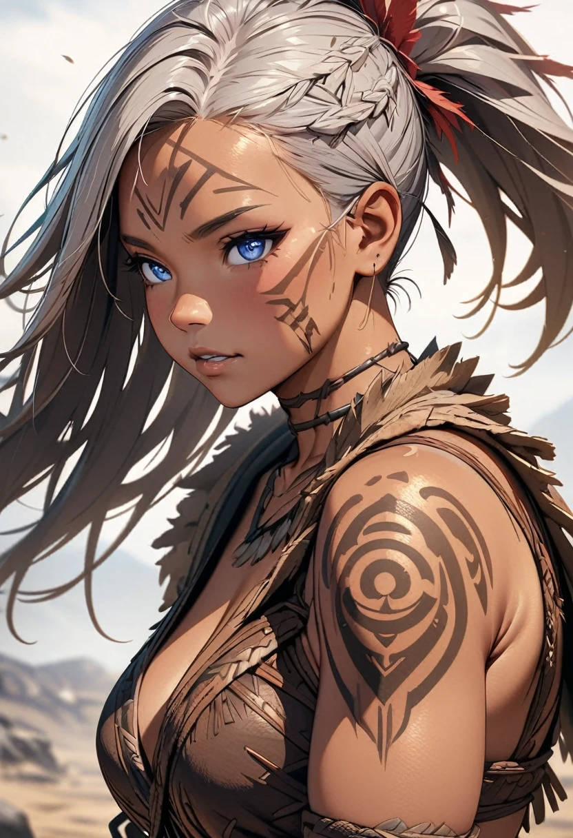 a beautiful detailed woman,grey hair, tan skin,1girl,barbarian warrior,primitive tribal warrior,white background,(best quality,4k,8k,highres,masterpiece:1.2),ultra-detailed,(anime:1.37),hyper detailed skin,extremely detailed face,detailed eyes,detailed lips,detailed hair,muscular,dramatic lighting,l 