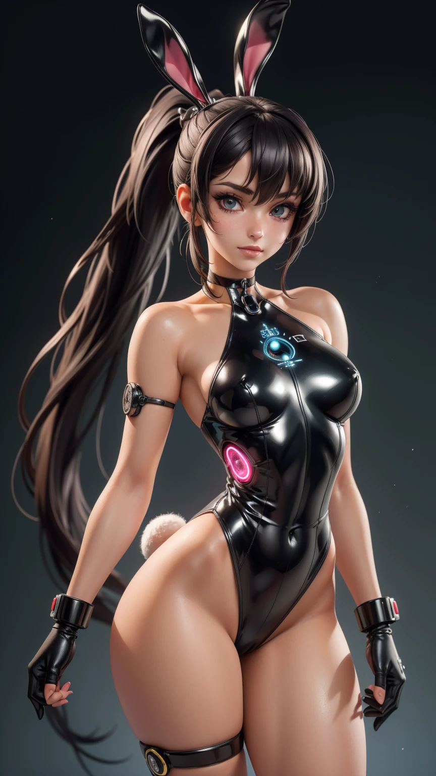 1 girl,(standing alone),(high-lEvel image quality),(high qualiy),(high resolution),(detailded),(work of art),(work of art:1.2),(cowboy shot:1.4), (realisitic), (semi-realisitic),looking ahead at viewer, olhos detaildeds, face perfect, perfects eyes, rosto detailded,(smooth shading),Eve,ssmile,(cybernetic futuristic bunny leotard),Eve,(longer ponytail),eyes browns, gloves fingerless, high socks, neckleace,(high-heels),(what background), (whole body),down, Correia, choker,(bunny ears), High above,