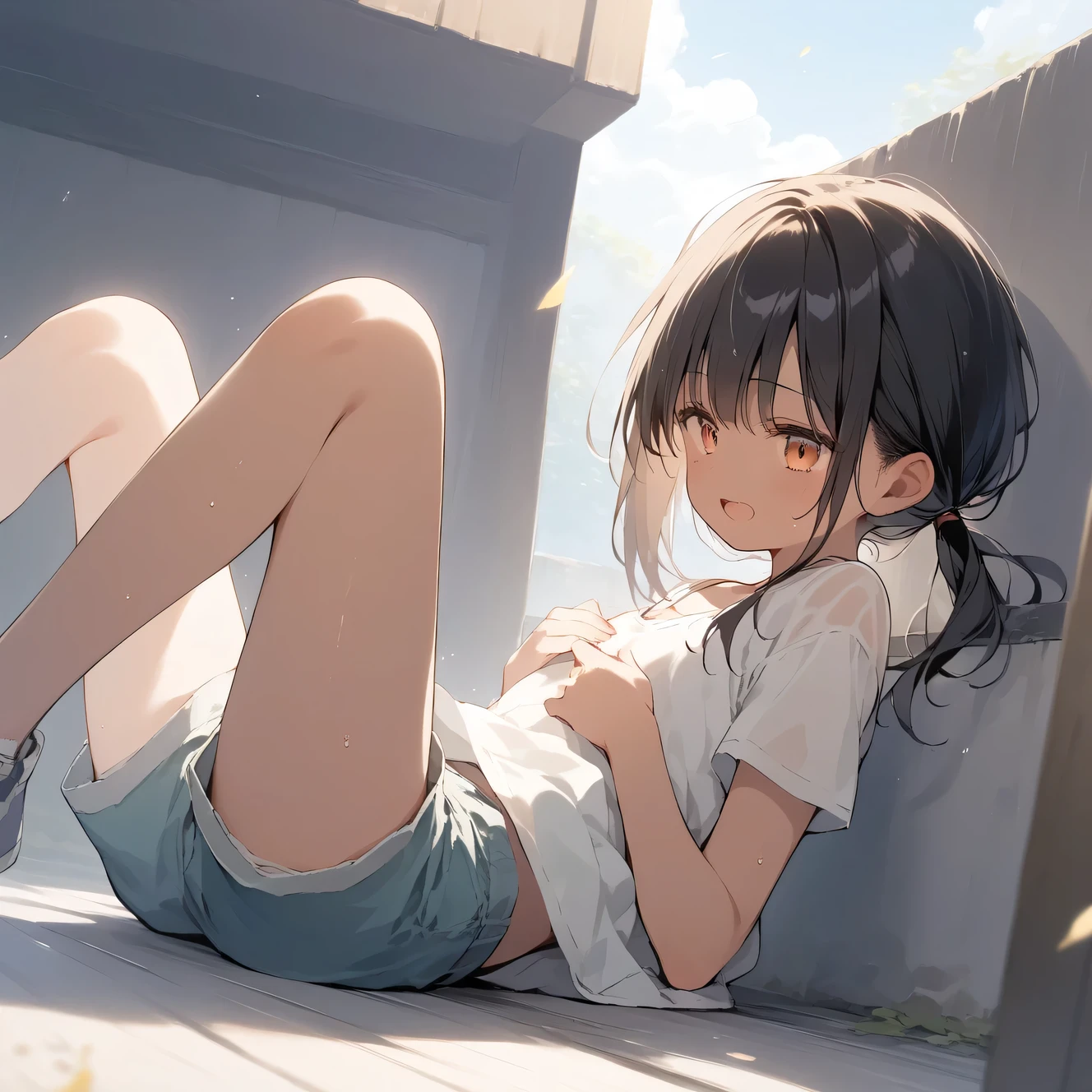 score_9, score_8_up, score_7_up, source_anime, best quality, masterpiece, official art, absurdres, highres, ultra-detailed,waifu2x,Collection: Slice of Life,break,1girl, tomboy, dark-skinned female, short hair, low ponytail, flat chest, beautiful detailed eyes, shorts, sweat, open mouth, (yawn:0.3), sleepily, outdoors, wind,break,(clear line illustration:1.2), super detailed skin,very high resolution, very aesthetic, Best sexual lighting powered by famous artist, 8k,cute picture,beauty illustration,photoshop_(medium),,(Detailed Lighting),best anime 8k konachan wallpaper, pixiv contest winner, 