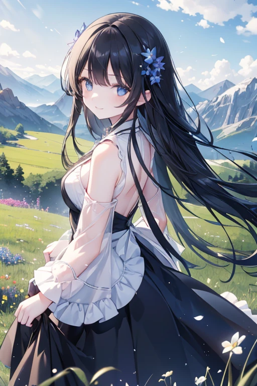 1girl, long black hair, blue eyes, wearing dress, in nature, moutains, grassfield, sky, flowers, floting hair, absurdres, high res, ultrasharp, 8K, masterpiece, looking at viewer, smile