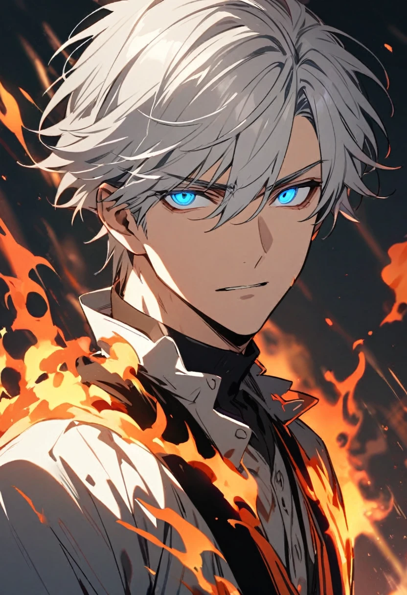 male, solo, handsome, experienced, silver hair, burning eyes, blue eyes