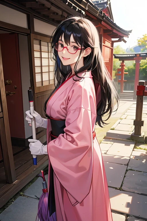 A black-haired girl with glasses and wearing a shrine maiden outfit is wearing large pink rubber gloves and smiling while holding a broom and cleaning the grounds of a shrine.