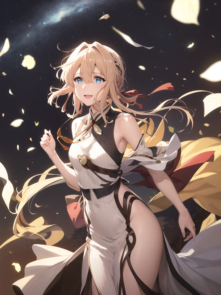 very happy, masterpiece, best quality, high resolution, Violet Evergarden, Weaving, Headband, Red belt, Long hair, Hairpin, , White cheongsam，Showing thighs，Smile，For the audience，Chinese hairpins，black background，Dango head，Tang Style，Medium chest，bareshoulders，Ribbon，Chinese Clothing