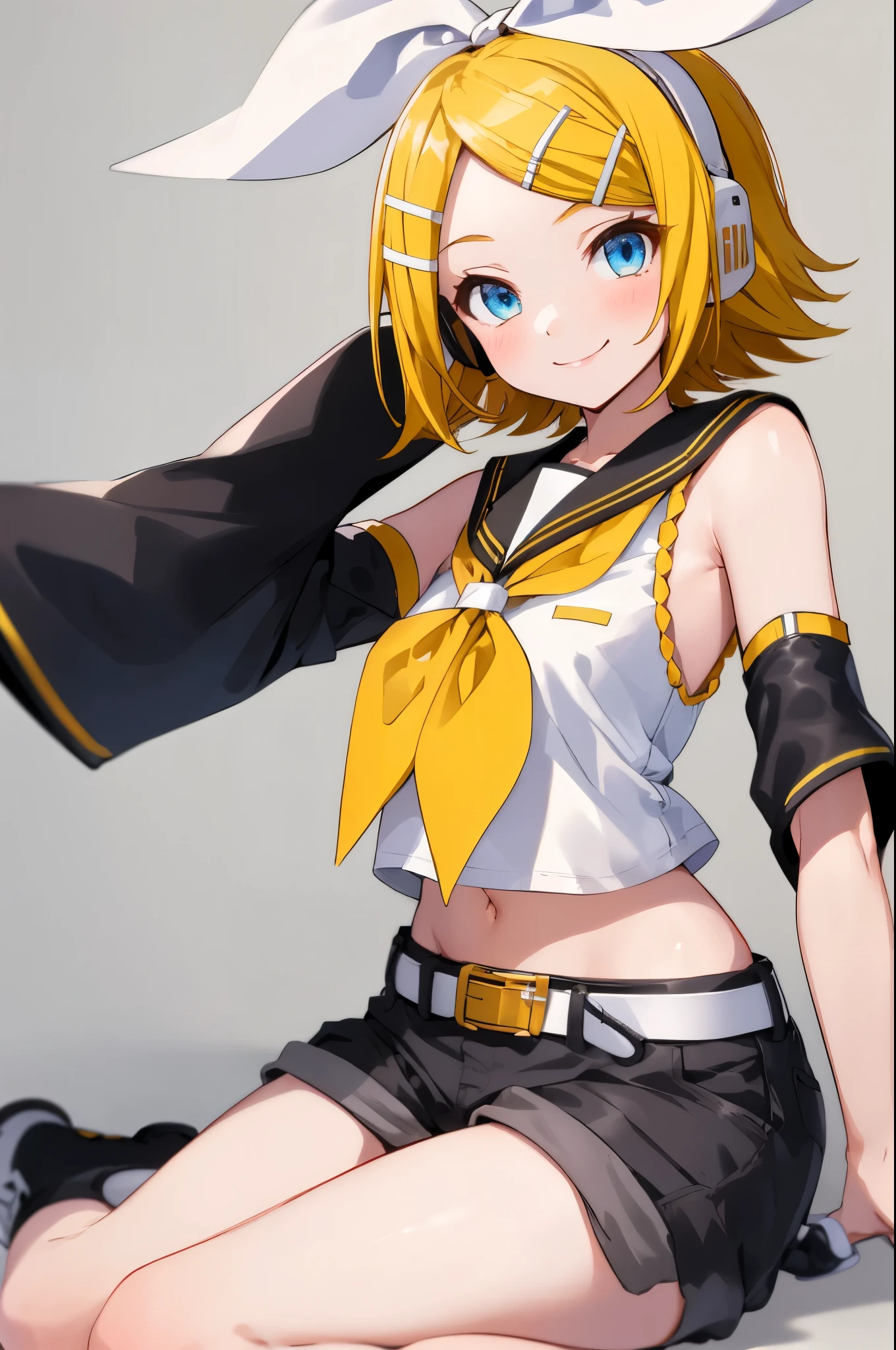 rin kagamine, blonde hair, blue eyes, hair bow, headset, short hair, headphones,
bare shoulders, belt, black sailor collar, black shorts, bow, crop top, detached sleeves, grey legwear, grey shorts, grey sleeves, hair bow, leg warmers, neckerchief, sailor collar, , shirt, mini skirt, short sleeves, shorts, white bow, white footwear, white shirt, yellow neckerchief, from below, pink panties,
(best quality, masterpiece, RAW photo,ultra-detailed:1.2), 1girl,solo,looking at viewer,smile,sitting