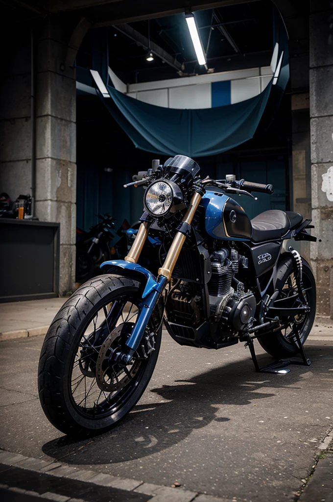 Blueprint of a futuristic design 250cc café racer motorcycle and show all angles of the motorcycle you generates