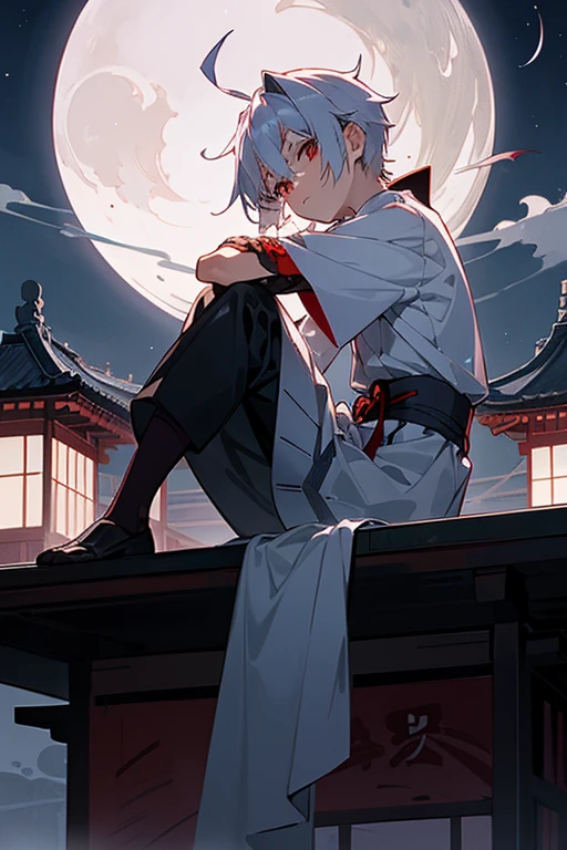 A boy around 7 years old with silver hair and red eyes, Shota, Cyborg, Shy face