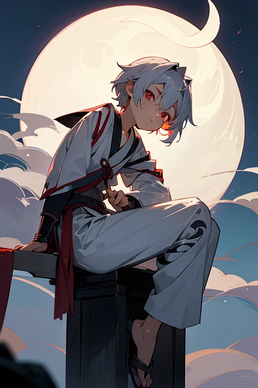 A boy around 7 years old with silver hair and red eyes, Shota, Cyborg, Shy face