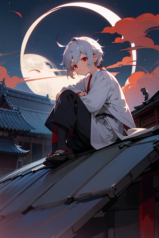 A boy around 7 years old with silver hair and red eyes, Shota, Cyborg, Shy face