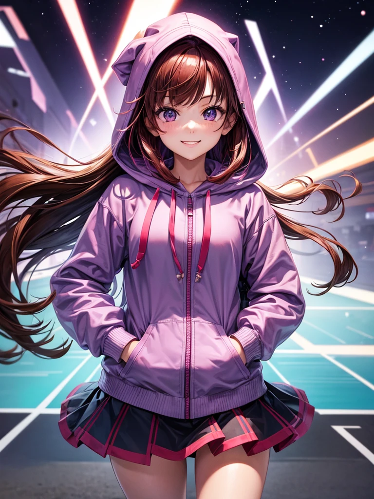 Best Quality,Young Girl, girl,Light novel,Elementary school girl,Beautiful girls,8K,Perfectly portrayed,Hands in pockets,Purple Eyes,Wearing a hood,Red Hair,smile,High quality,future fashion,Brown Hair,Coordination,Absurd,colorful,masterpiece,Long Hair,Zippered hoodie,Chuck's Hoodie,Sparkling,????? girl,Long trousers,Naughty Girls,Angel,Perfect Face,strongest,tights,stylish,