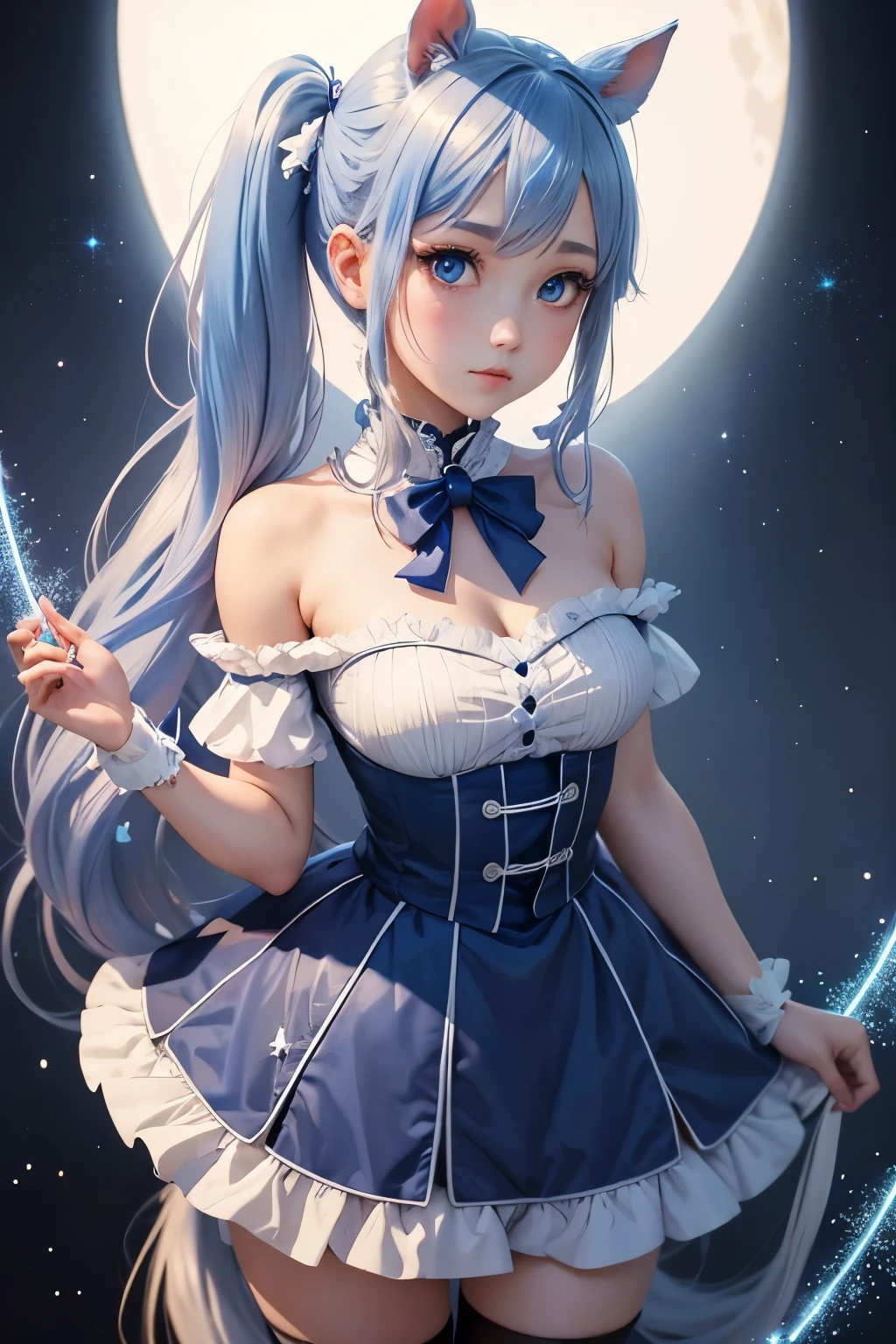 Anime girl image of blue horse with white sparkles long tied with two low pigtails each pigtail divided in two in the middle and below ,with bright crimson eyes