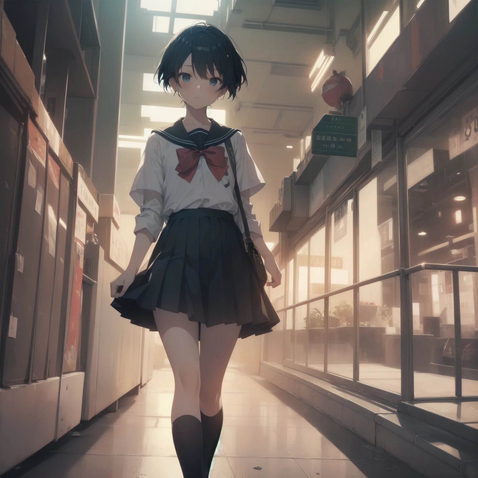 ultra-absurdres-Top quality by artist God, ultra-detailed, high resolution, anime moe artstyle, best anime 8k konachan wallpaper, pixiv contest winner, pool:2810, perfect anatomy,break, 1girl, (Please draw a girl walking sleepily to school alone. )break,(Solo,little female, 13-year-old:1.3),Full limbs, complete fingers,a junior high school student, (very short hair), short cut, flat chest, , small butt, small black eyes, beautiful detailed eyes, well-proportioned iris and pupils, expressive eyes, highres detailed hair, soft expression, salor school_uniform, sailor collar, serahuku, bow, pleated skirt,(Detailed Lighting), (Detailed background), in the School commute route. break,super detailed skin, Best cinematic lighting powered by famous artist, 8k,beauty illustration,photoshop_(medium),very aesthetic,break,((artist:zen_(kamuro) )), artist:clamp ,artist:carnelian ,artist:kantoku ,