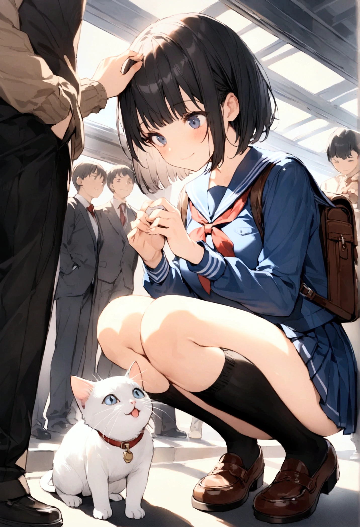 One Woman、1 kitten、crowd、Station platform、beautiful girl、Sailor suit、A gentle smile、Looking at the kitten、Pleated skirt、Hold a school bag with both hands、Age: 18、Bob Cut Hair, Highest quality, body type、Small 、Small ass、Black Hair,The train is coming、Black knee-high socks、Cowboy Shot、Ultra-fine images、Squatting down to fix shoelaces、Angle from directly below、Petting a cat、pat、Put the kitten on your lap、The kitten is meowing