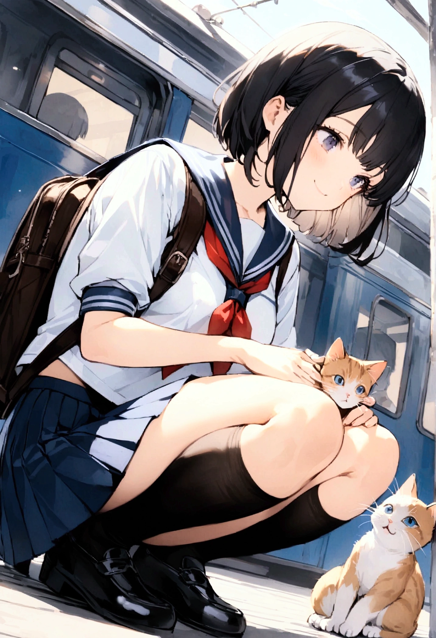 One Woman、1 kitten、crowd、Station platform、beautiful girl、Sailor suit、A kind smile、Look at the kitten、Pleated skirt、Holding a backpack with both hands、Year: 18、Bob Cut Hair, Highest quality, Body Type、small 、small ass、Black Hair,The train is coming、Black knee-high socks、Cowboy Shot、Ultra-high definition images、Squatting down to fix shoelaces、Angle from directly below、Petting a cat、Pat、Pick up a kitten