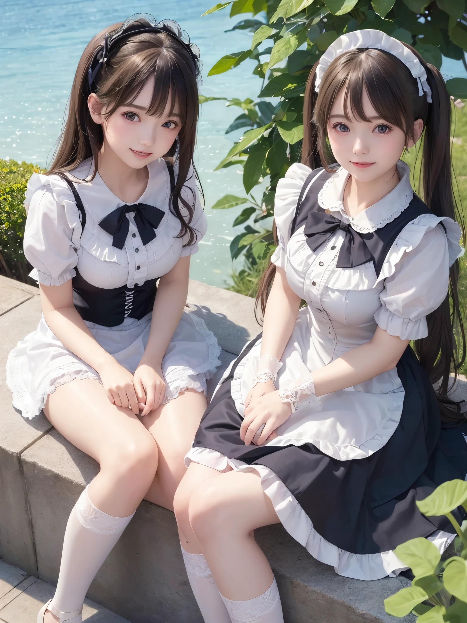 ((masterpiece)), ((highest quality、Ultra high definition)), (Very detailed),8K、Photo quality、((Amazingly cute girl)),16-year-old girl)), Two people, , (Beautiful emerald blue eyes), ((smile)),In the open-air bath overlooking the sea, Beautifully arranged black hair in twin tails、スリムボディー、((Cute lolita maid style swimsuit))、Professional Lighting、(White lace knee-highore detailed and beautiful)、(More details and cutenesore realistic)、((Just wear light clothing))、プールではしゃぐ、