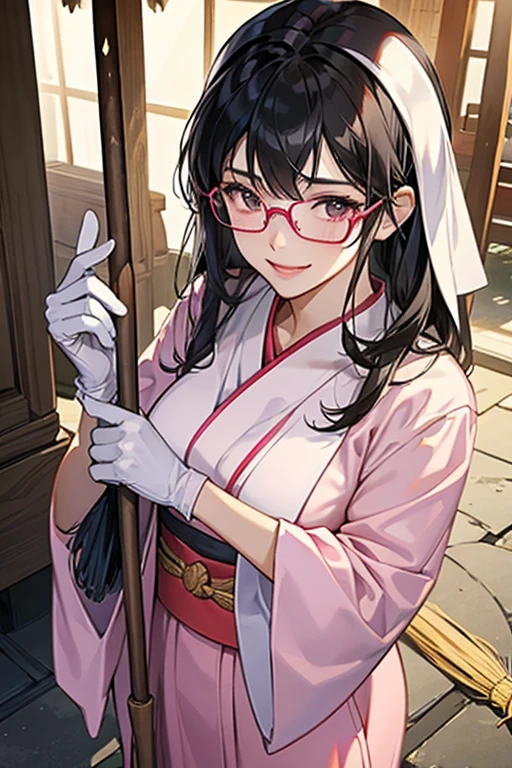 A black-haired girl with glasses and wearing a white shrine maiden outfit is wearing large pink rubber gloves, smiling and holding a broom as she cleans the grounds of a shrine.