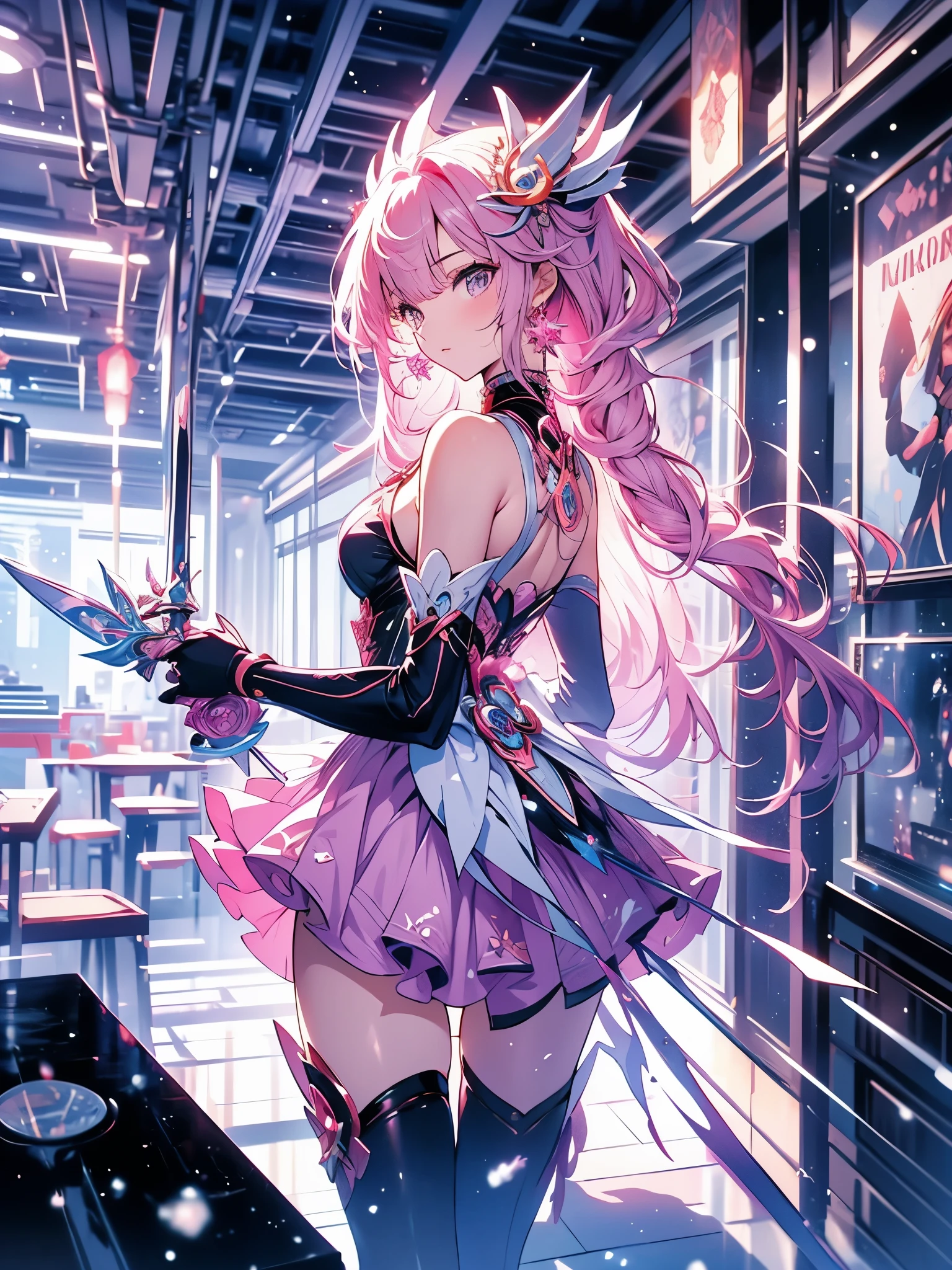 extremely details, perfect, aerial view, like a work of art, anime girl holding an ice and snow sword, pink hair and long purple skirt complement each other, looking at the distant Ayaka Genshin, taking us to the world of Genshin.