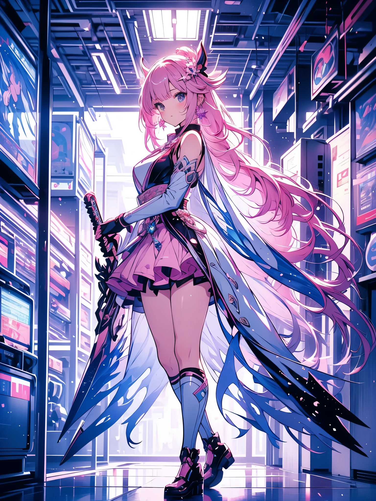 extremely details, perfect, aerial view, like a work of art, anime girl holding an ice and snow sword, pink hair and long purple skirt complement each other, looking at the distant Ayaka Genshin, taking us to the world of Genshin.