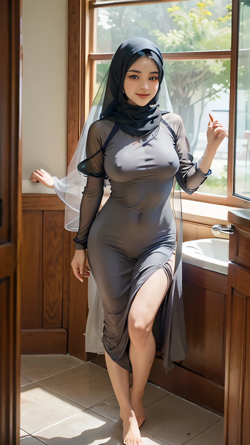 ((Realistic)), ((best quality photo)), ((Masterpiece)), shot on Canon EOS 500 D, beautiful girl hijab, girl wear hijab, (((medium ))), (breasted), (medium breast), barst, perfect fa(big breast,))), beige long duslim, wearing grey legging, (((covering body, long veil))), Slim Face、17 years old, still young, fity Lady, breast emphasis, armpit showing, holding hast, fat vagina, tight thighs, cameltoe, smil, bathroom, up, accentuated breast, side view, full body shot, barefoot