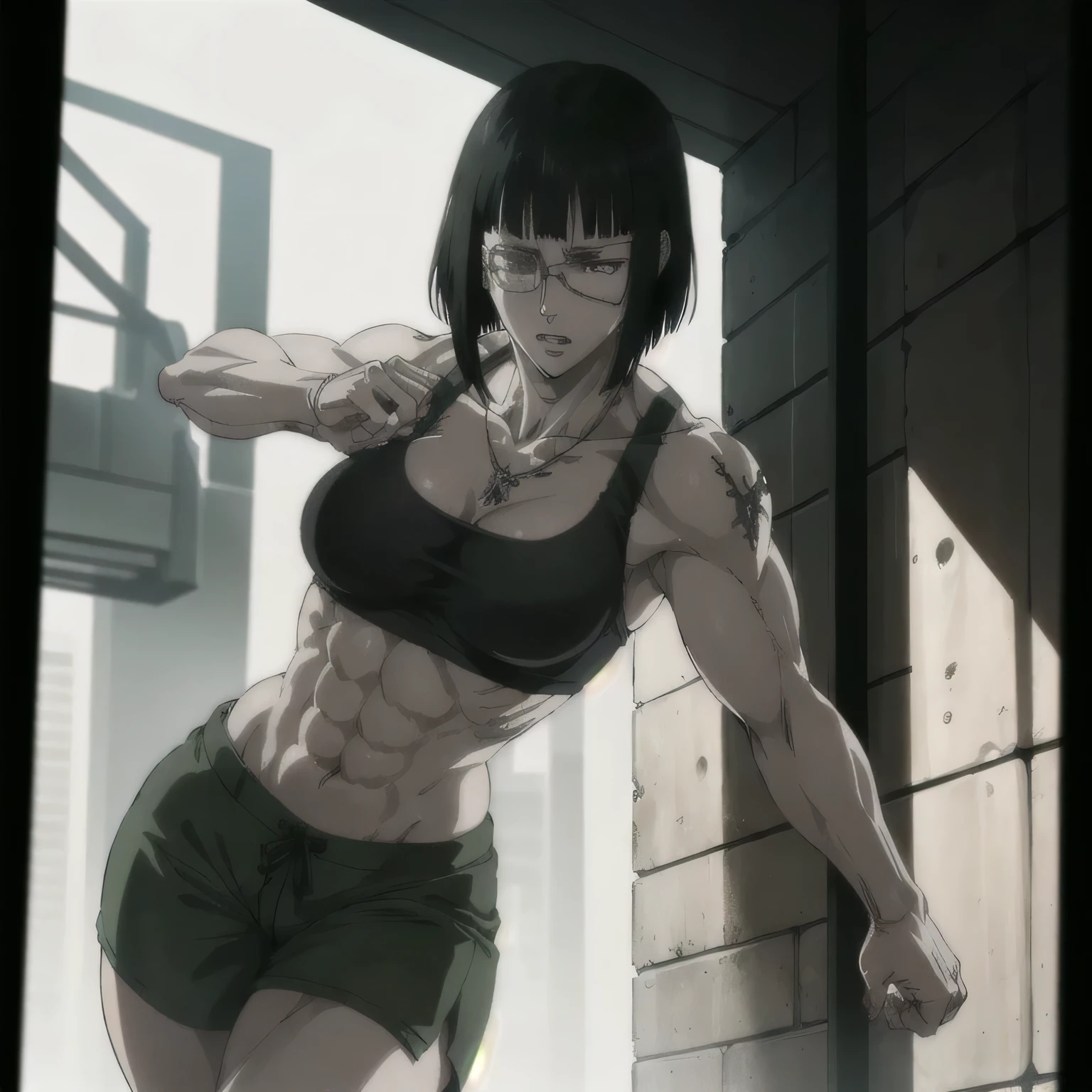 (best quality,ultra-detailed,realistic:1.37),musclaur badass girl with sculpted  body  shows her wearing dark green sport bra and dark  green Elastic sports shorts, full review of the female character's face and body, intense expression, strong and confident posture, studio lighting, vivid colors, physiologically-based rendering, grungy texture, rugged background, dust particles in the air, commanding presence, professional, powerful, gritty aesthetics,,Valmet،short hair,tattoos,fat free body,veins in muscles,eyepatch,necklace,six-pack,Shining muscles,Shining six-pack,middle body musclaur size,Valmet(solo)