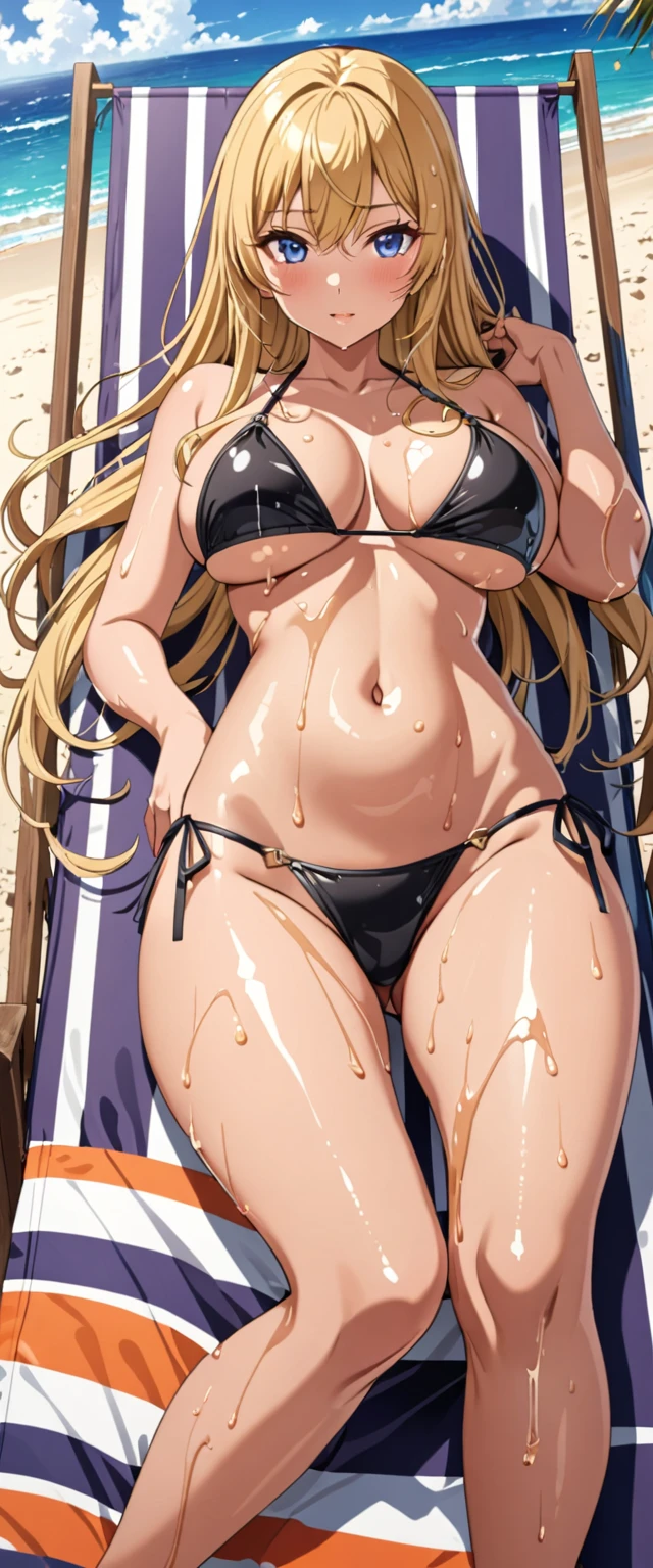 ((masterpiece)), ((high quality)), ((super detailed)), ((high resolution)) ,((8k)), a beautiful woman, ((She is one of the most famous female Gravure Idol in the world.)), unparalleled beauty, ((huge breast)), ((large ass)), ((deep cleavage)), slim waist, chest out, ultra detailed face, perfect skin, (((Blonde straight hair))), blue eyes,  detailed eyes, whole body image, (((anime))), ((glamorous)), 24 years old, ((incredibly beautiful woman)), ((The I cup bust)),  ((((Sling Bikini)))),  ((beautiful breasts)), beautiful legs, 8 life size, anime, the most beautiful and strongest, ((charm)), ((British)), ((Grown-up face)), ((Okinawa's ocean, beach, Clear skies, A beautiful woman lying on the beach chair and tanning, Beach parasol, Skin wet with lotion)), ((Bewitching)), voluptuous, (((Top-down view))),