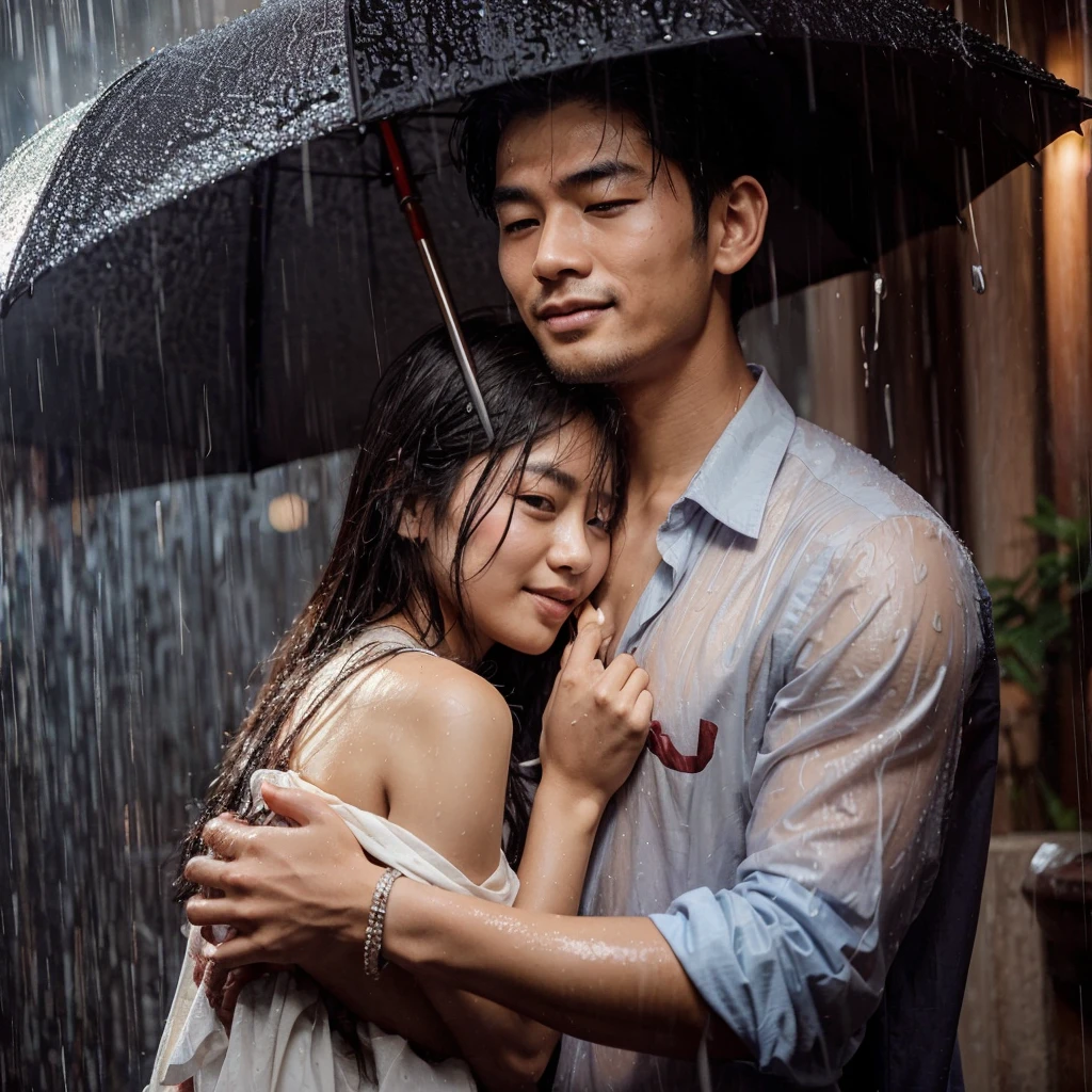 a pair of Asian lovers who were caught in the rain, The handsome man held up an umbrella to shade the beautiful and cute woman. The woman was hugging the man's body while closing her eyes and smiling sweetly, The rain around her was very heavy and some of the woman's clothes were wet. Photography, ultra realistic, 45K HD,
