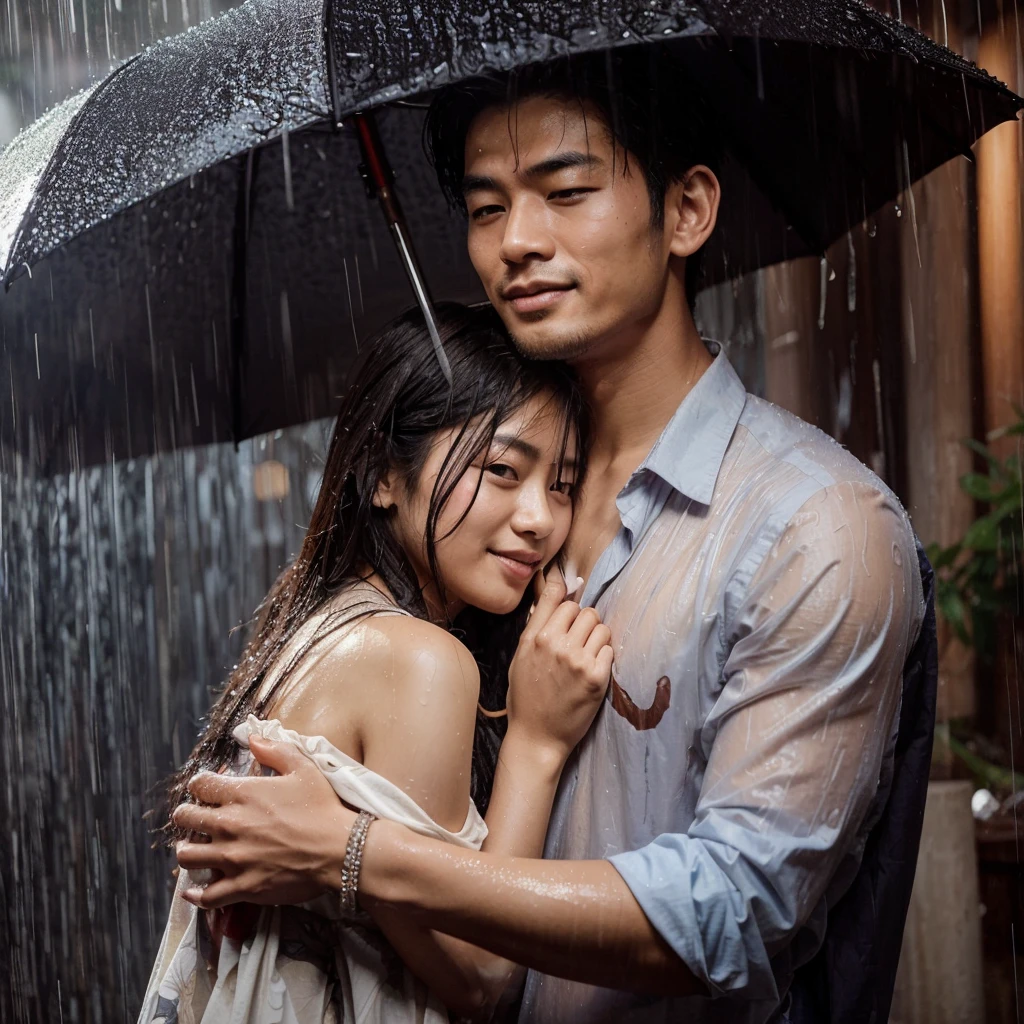 a pair of Asian lovers who were caught in the rain, The handsome man held up an umbrella to shade the beautiful and cute woman. The woman was hugging the man's body while closing her eyes and smiling sweetly, The rain around her was very heavy and some of the woman's clothes were wet. Photography, ultra realistic, 45K HD,