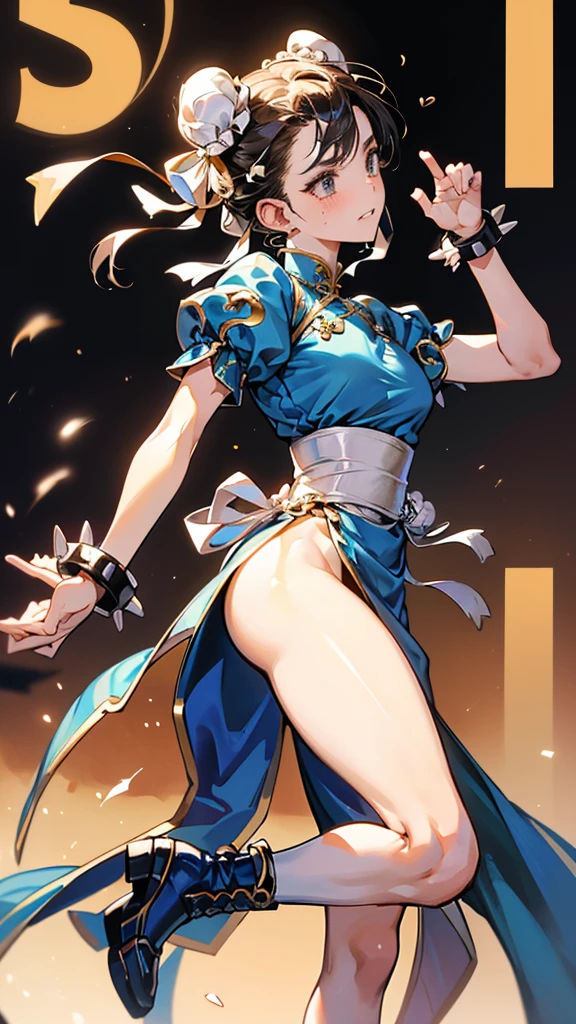 {{masterpiece}}, {{{Highest quality}}},{{Very detailed}},sf2 to,Chunli,Combat Stance,from side,Cowboy Shot,Focus on legs｛{{Combat Stanceの成熟した女性}}｝,{{疲労でSweatをかいている成人女性}},Sweat,,Small breasts,{{Blushing}},{{V-shaped eyebrows}},{{Blue clothes}},{{puffy short sleeve}},{{{Blue Chinese dress with gold lines}},{Bunhead}},{},, ,{{spike bracelet}},{{Tied Hair}},,{{Thin legs}},{{White belt}},,Slender body}}{{ blue pelvis curtain}}, boots, sash, Brown pantyhose, ,,blush,Wrinkles ,amount,Grit your teeth,suffering,v-shaped eyebrows.,Sweat dripping,Medium chest ,get annoyed,Fighting Ring,,Bunhead,Good cover,Fighting Pose,