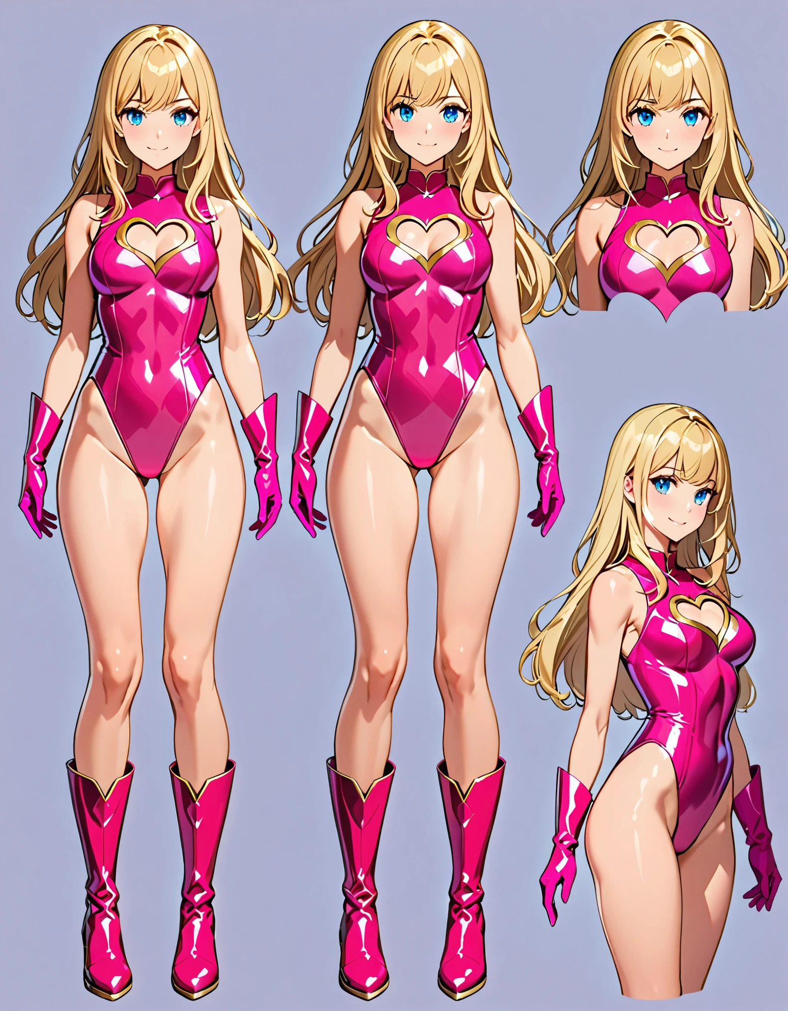 (masterpiece), (best quality), (highres), 1girl, solo, highly detailed, superhero, leotard, bare legs, matching boots, sleeveless, looking at viewer, perfect hands, perfect eyes, perfect leotard, perfect legs, perfect arms, perfect fingers, medium breasts, (pink leotard), standing, (blonde hair), long hair, knee boots, blue eyes, (heart cutout, cleavage cutout), cute face, hair down, bangs, sleeveless, pink gloves, pink footwear, smile, full body with costume, Simple background, Multiple Views, Character Sheet Full-Length.