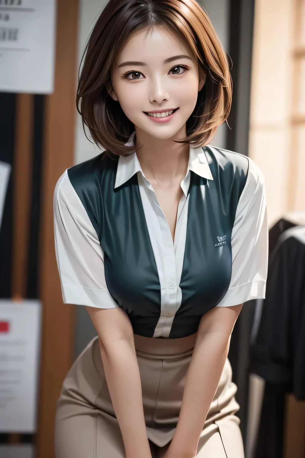 (masterpiece:1.2, Highest quality), (Realistic, photoRealistic:1.4), Beautiful illustrations, (Natural Side Lighting, Cinema Lighting), 
Looking at the audience, Face Focus, Upper Body, 1 female, (alone), Japanese, Perfect Face, Perfect body, Symmetrical cute face, Glowing Skin, , Mid-chest:1.4
((Medium Hair:1.4, Light brown hair)), Hair between the eyes, Emerald green eyes, Captivating thighs, thin, 
Beautiful Hair, Beautiful Face, thin and beautiful eyes, Beautiful clavicle, Beautiful body, Beautiful breasts, Beautiful thighs, Beautiful feet, Beautiful fingers, 
(((Ascot Shirt:1.3), Black tight skirt)), 
(Beautiful views), evening, (office), Are standing, (Cute Smile, Excellent),