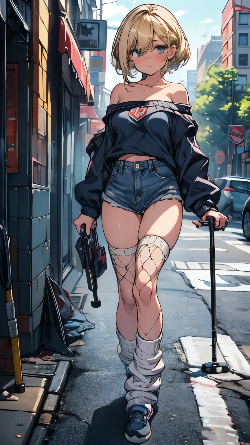 Yamato, open-toe platform heelless high heels, white crop-top, short shorts, cleavage, black lipstick, black eyeliner, black nails, dirt road, countryside, angry, crying, spiked collar, spiked wrist bracelets, leash on collar, spiked ankle bracelets, standing, ripped clothes, blushing 