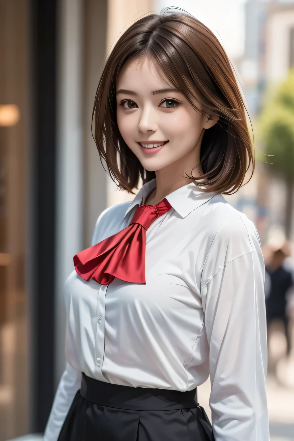 (masterpiece:1.2, Highest quality), (Realistic, photoRealistic:1.4), Beautiful illustrations, (Natural Side Lighting, Cinema Lighting),
Looking at the audience, Face Focus, Upper Body, 1 female, (alone), Japanese, Perfect Face, Perfect body, Symmetrical cute face, Glowing Skin, , Mid-chest:1.4
((Medium Hair:1.4, Light brown hair)), Hair between the eyes, Emerald green eyes, Captivating thighs, thin,
Beautiful Hair, Beautiful Face, thin and beautiful eyes, Beautiful clavicle, Beautiful body, Beautiful breasts, Beautiful thighs, Beautiful feet, Beautiful fingers,
(((Ascot Shirt:1.3), Black tight skirt)),
(Beautiful views), evening, (office), Are standing, (Cute Smile, Excellent),