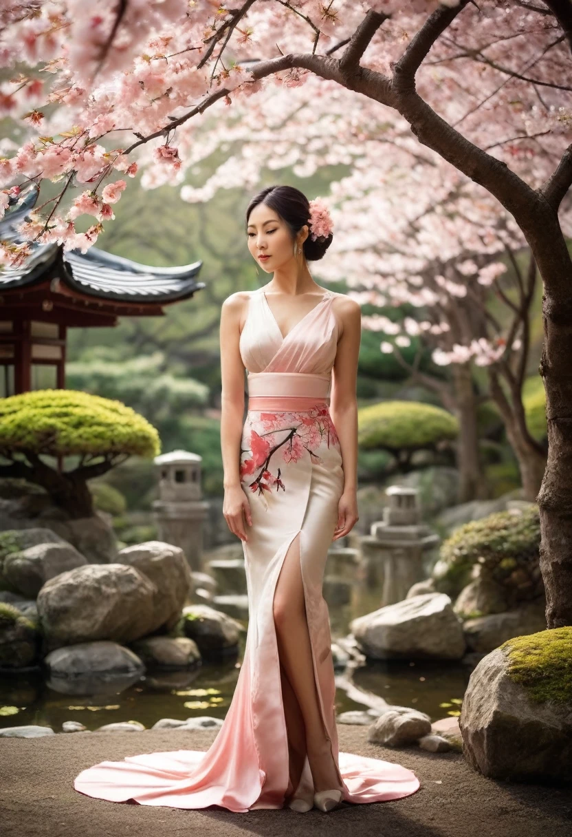 Create an artwork that combines traditional Japanese symbols of beauty with a nude woman. The scene is set in a serene Japanese garden during the peak of cherry blossom season. The woman stands gracefully under a blooming cherry tree, with petals gently falling around her. Her pose is natural and elegant, emphasizing the ephemeral beauty of the moment. The garden features traditional elements such as a koi pond, stone lanterns, and carefully manicured plants. The soft, natural light filters through the blossoms, casting a delicate glow on her skin. The overall mood should evoke a sense of harmony, tranquility, and the timeless beauty of Japanese tradition.