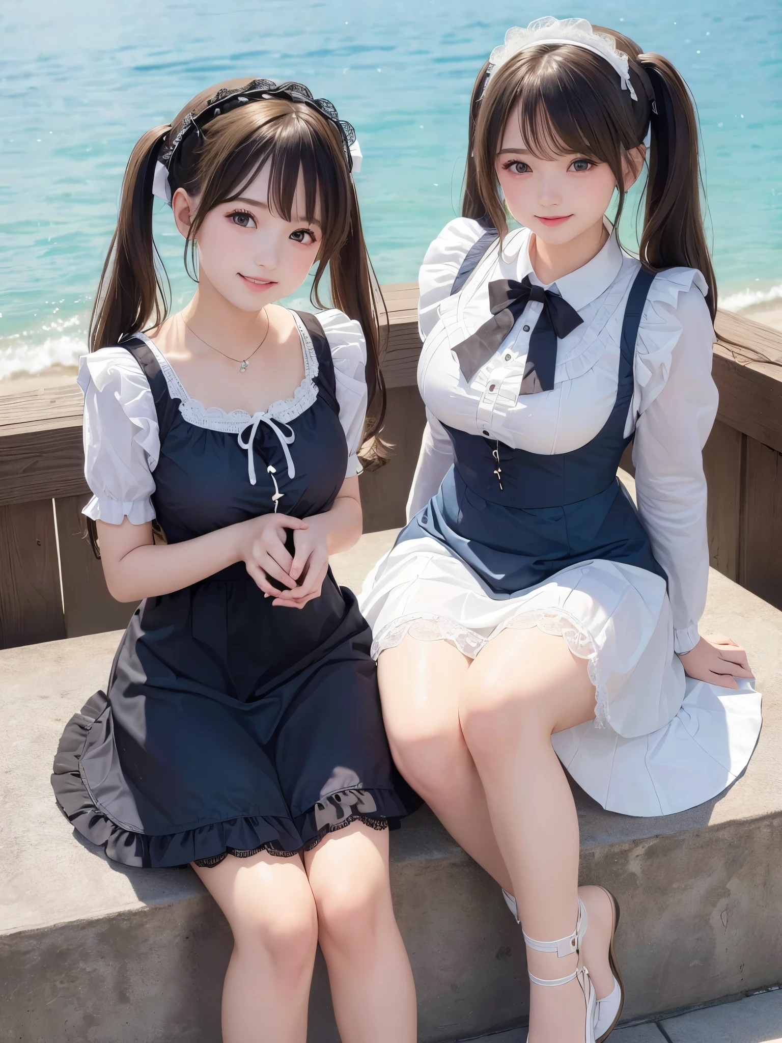 ((masterpiece)), ((highest quality、Ultra high definition)), (Very detailed),8K、Photo quality、((Amazingly cute girl)),16-year-old girl)), Two people, , (Beautiful emerald blue eyes), ((smile)),In the open-air bath overlooking the sea, Beautifully arranged black hair in twin tails、スリムボディー、((Cute lolita maid style swimsuit))、Professional Lighting、(White lace knee-highore detailed and beautiful)、(More details and cutenesore realistic)、((Just wear light clothing))、プールではしゃぐ、