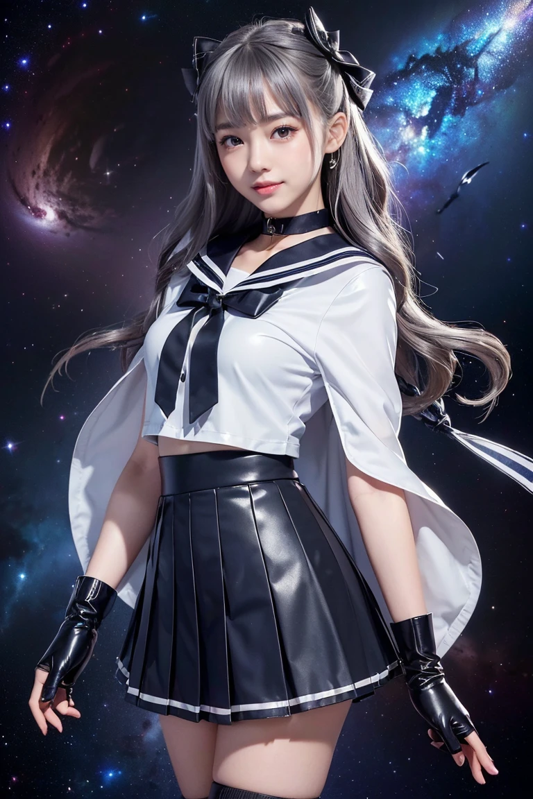 (((Gray Ash Hair、黒色ribbon)))、(((A 14-year-old Japanese girl wearing a shiny short-sleeved sailor uniform with elbow gloves and a cloak over it.,smile)))、(((Grey latex sailor collar)))、(((Grey latex pleated skirt)))、choker、Earrings、ribbon、((belly button))、 (((Sailor Warrior Uniforms)))、、Beautiful ornaments: 美しいPerfect Face, Soft Skin、Perfect Face, Intricate details, Splash screen, 8k resolution, masterpiece, Cute Face、(((Space Background))、Queen of Queenasterpiece, Highest quality, Highest quality, Official Art, Beauty and aesthetics: 1.2), (One girl: 1.3)