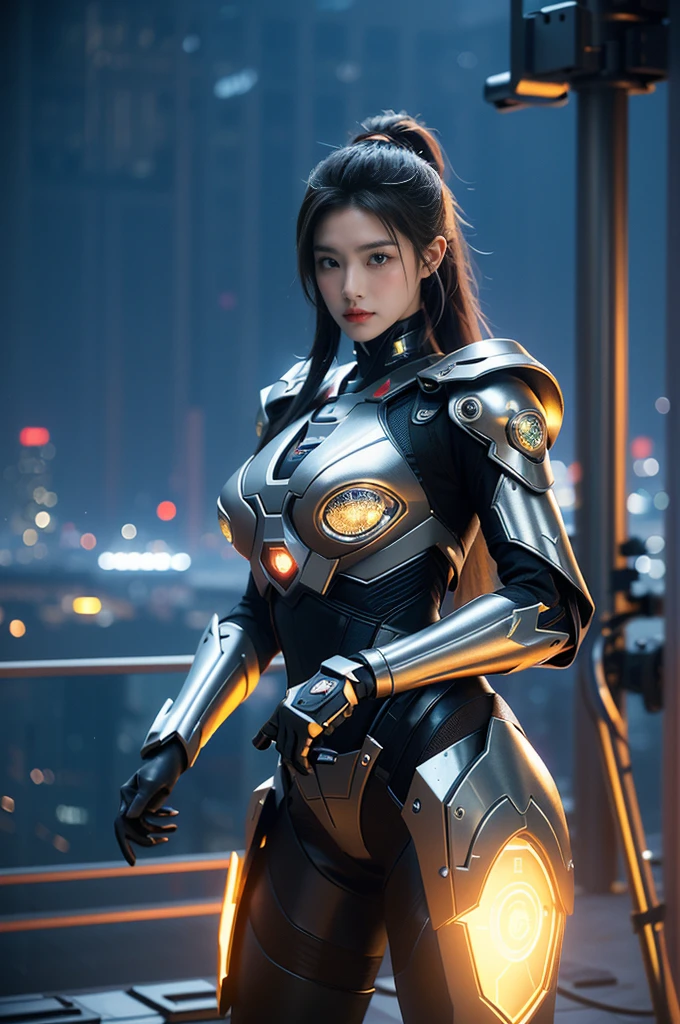 game art,best picture quality,Highest resolution,8k,((A half-length photo)),((portrait)),(rule of thirds),Unreal Engine 5 rendering works, (Future girl),(female warrior), 22-year-old young hacker),(ancient oriental hairstyle),(Beautiful eyes full of details),(big breasts),(eye shadow),Elegant and charming,indifferent,((frown)),(Combat suit full of futuristic technology,The costume combines futuristic power armor and,Clothing is decorated with glittering patterns and emblems),cyberpunk characters,in the style of futuristic, photo poses,city background,lamp,Ray tracing,Game CG,((3D Unreal Engine)),OC rendering reflection pattern