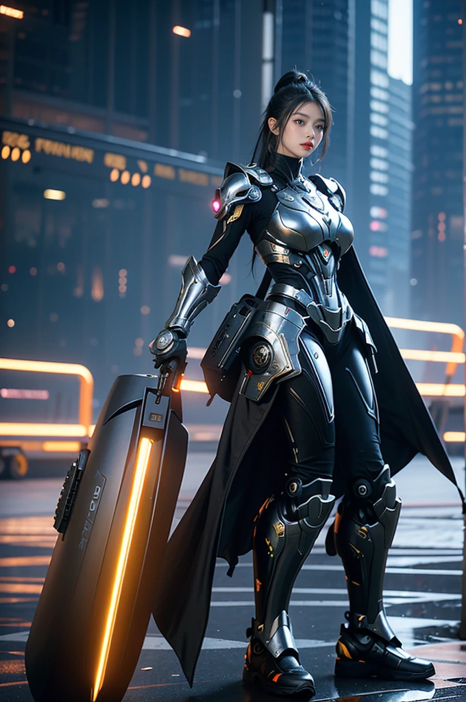 game art，best picture quality，Highest resolution，8k，((A half-length photo))，((portrait))，(rule of thirds)，Unreal Engine 5 rendering works， (Future girl)，(female warrior)， 22-year-old young hacker)，(ancient oriental hairstyle)，(Beautiful eyes full of details)，(big breasts)，(eye shadow)，Elegant and charming，indifferent，((frown))，(Combat suit full of futuristic technology，The costume combines futuristic power armor and，Clothing is decorated with glittering patterns and emblems)，cyberpunk characters，in the style of futuristic， photo poses，city background，lamp，Ray tracing，Game CG，((3D Unreal Engine))，OC rendering reflection pattern